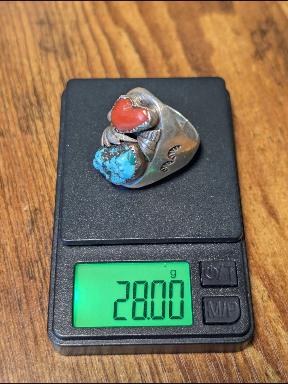 Vintage Navajo Sterling Turquoise Coral Ring Chunky 28g Signed Native American